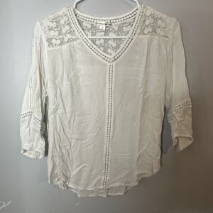 John Paul Richard White V Neck Lace Boho Blouse Small 3/4 Sleeve Coastal Cowgirl